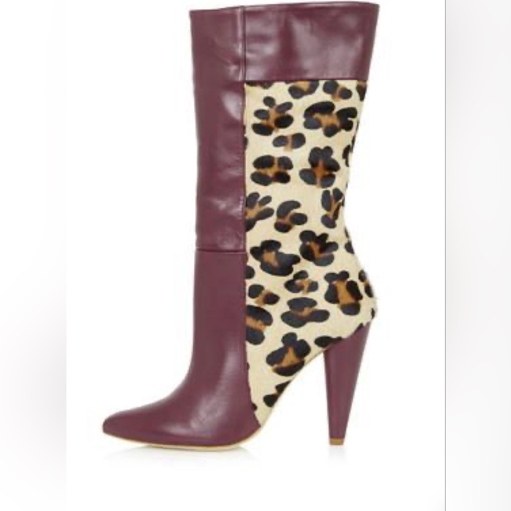 Topshop Burgundy and Leopard Print Heeled Boots